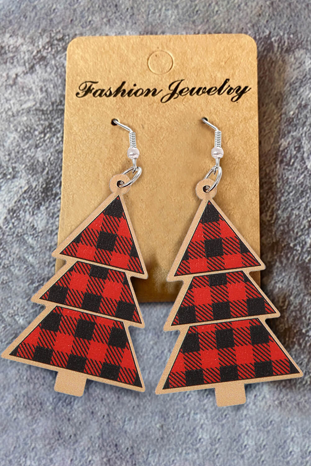 Red Plaid Christmas Tree Wood Earrings