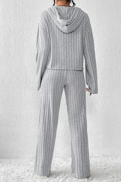 Gray Ribbed Knit Hoodie Pants Set