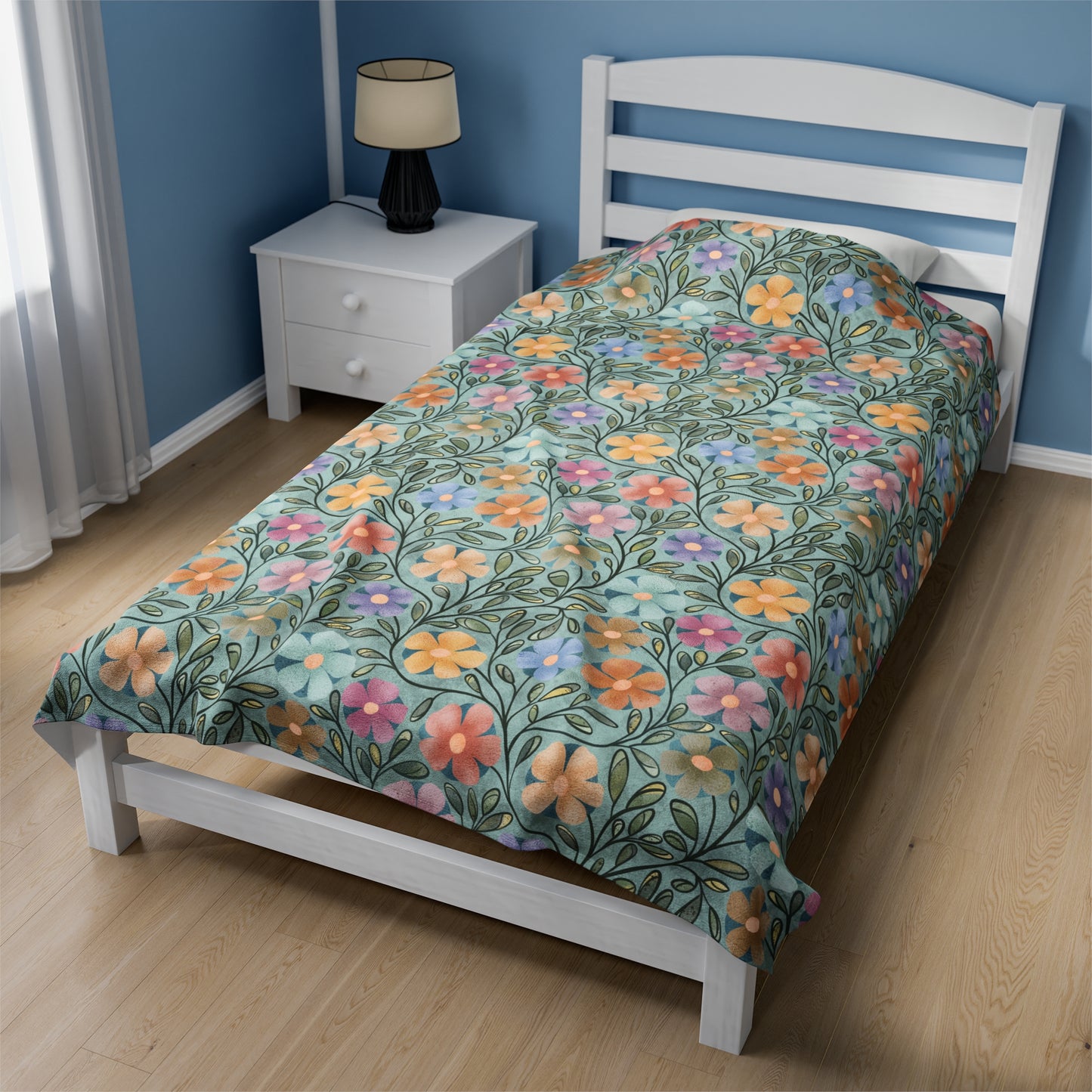 Aqua Flowers Velveteen Plush Blanket 60"x80"