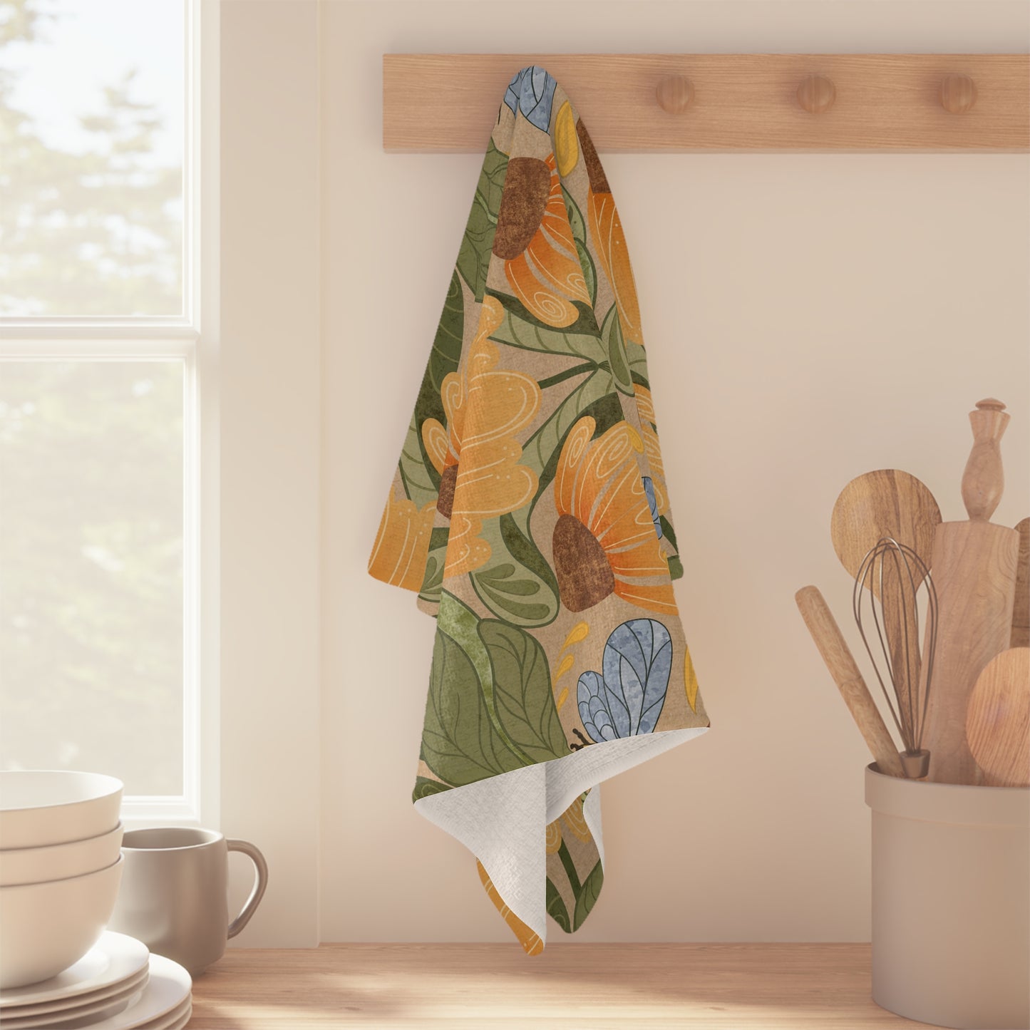 Bees and Coneflowers Tea Towel - Cream