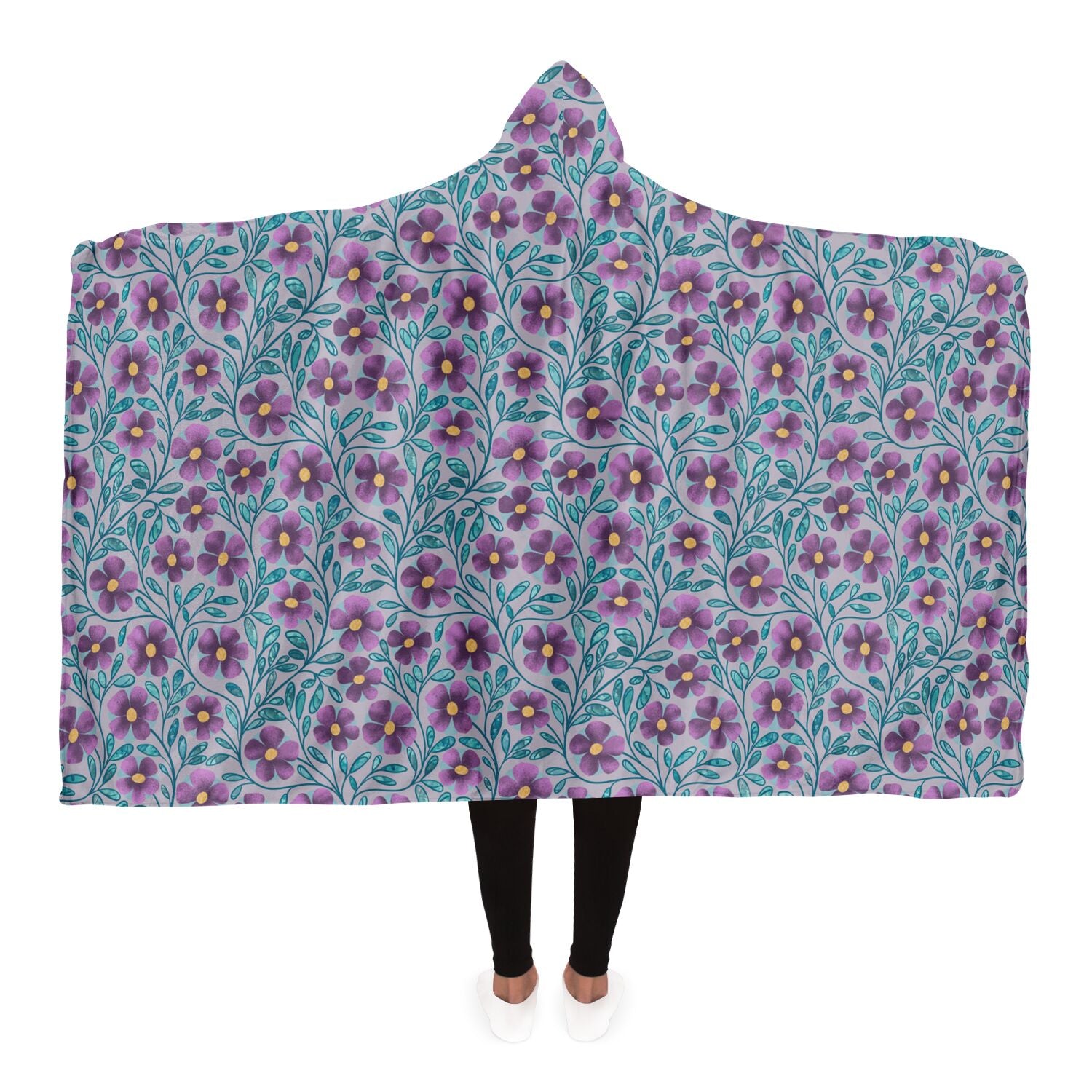 Violet Purple Floral Sherpa Lined Hooded Blanket