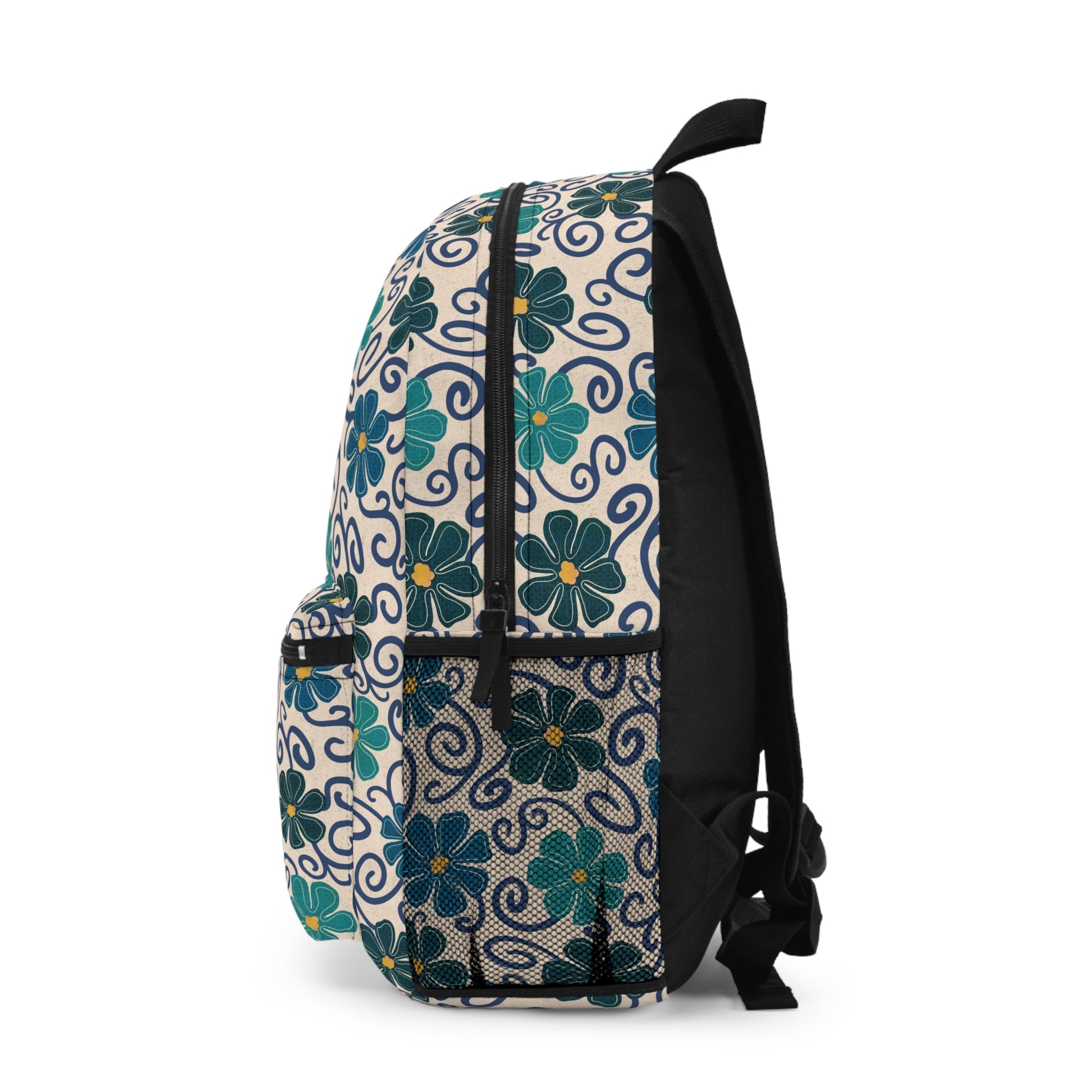 Retro Blue/Green Floral Swirls Backpack Sideview