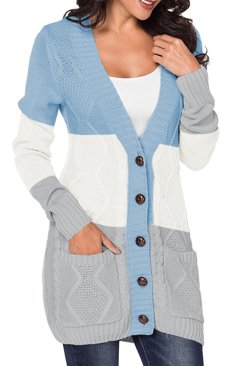 Front Pocket and Buttons Closure Cardigan, Blue