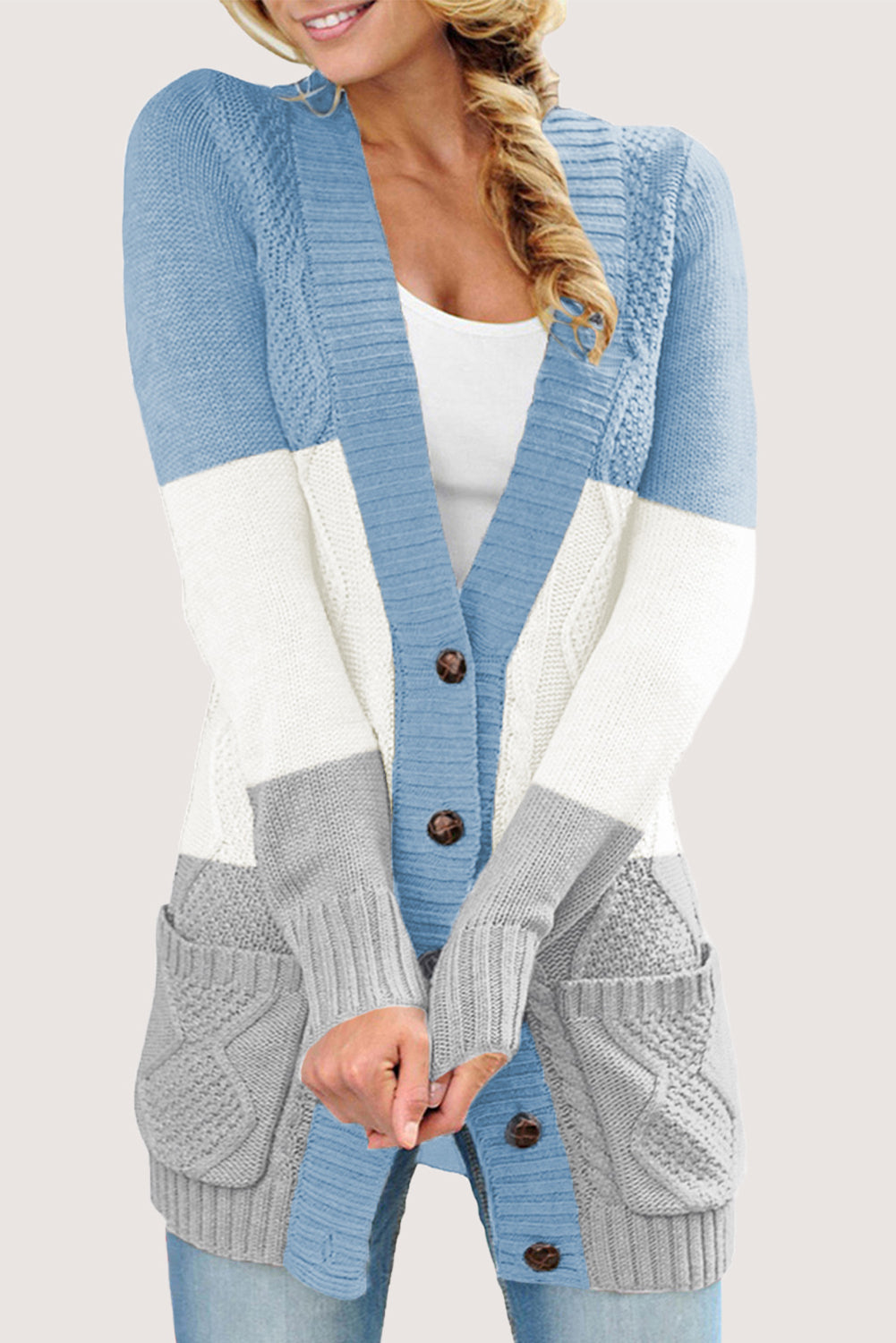 Front Pocket and Buttons Closure Cardigan, Blue