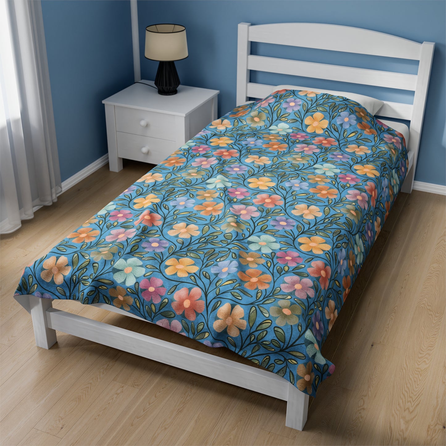 Blue Flowers Velveteen Plush Blanket 60"x80"