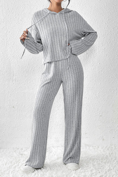 Gray Ribbed Knit Hoodie Pants Set