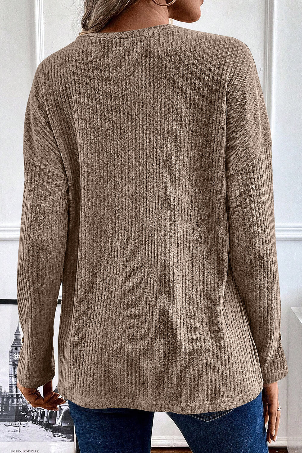 Ribbed  Henley Knit VNeck Top