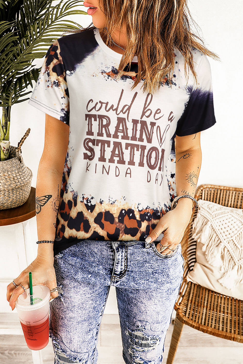 Train Station Graphic Leopard Print Shirt