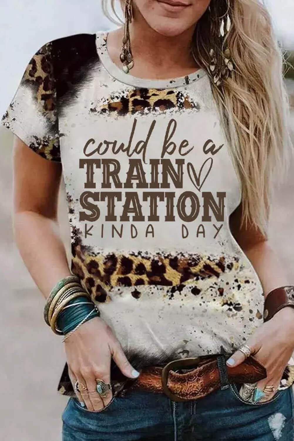 Train Station Graphic Leopard Print Shirt