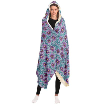 Violet Purple Floral Sherpa Lined Hooded Blanket