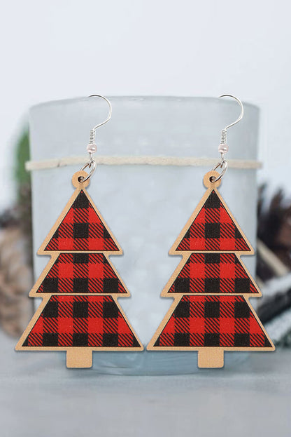 Red Plaid Christmas Tree Wood Earrings