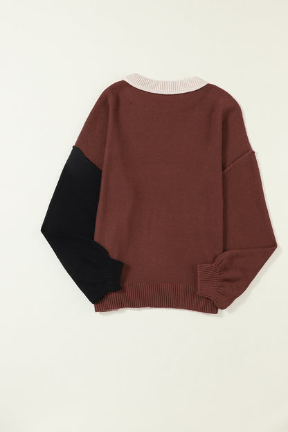 Coffee Colorblock Bishop Sleeve Ribbed Trim Sweater