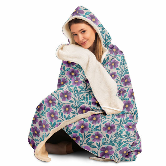 Violet Pink Floral Sherpa Lined Hooded Blanket