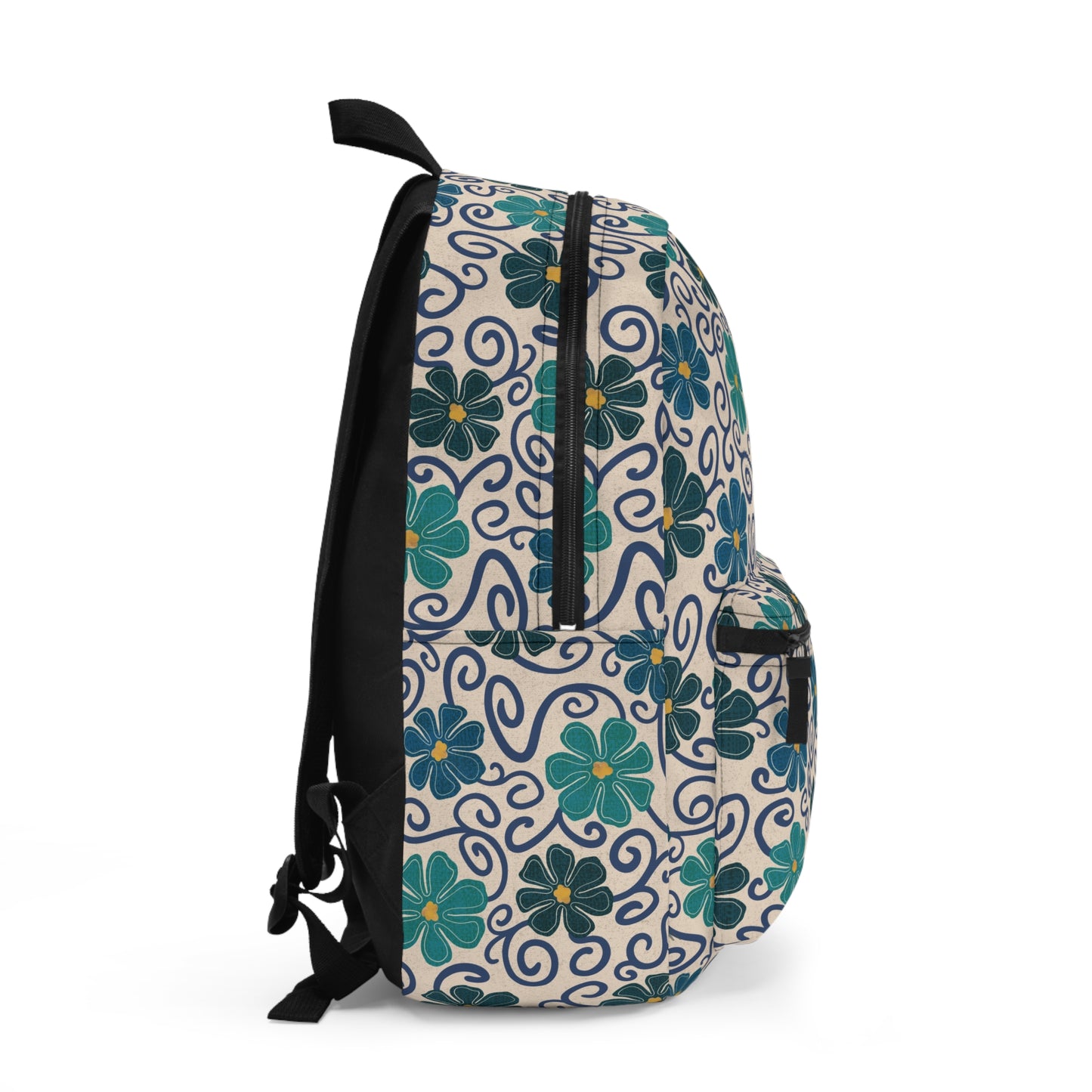 Retro Blue/Green Floral Swirls Backpack Side view