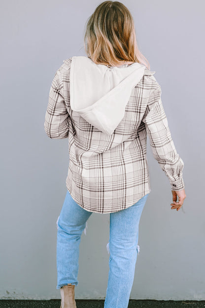 Khaki Plaid Removable Hood Buttoned Shacket