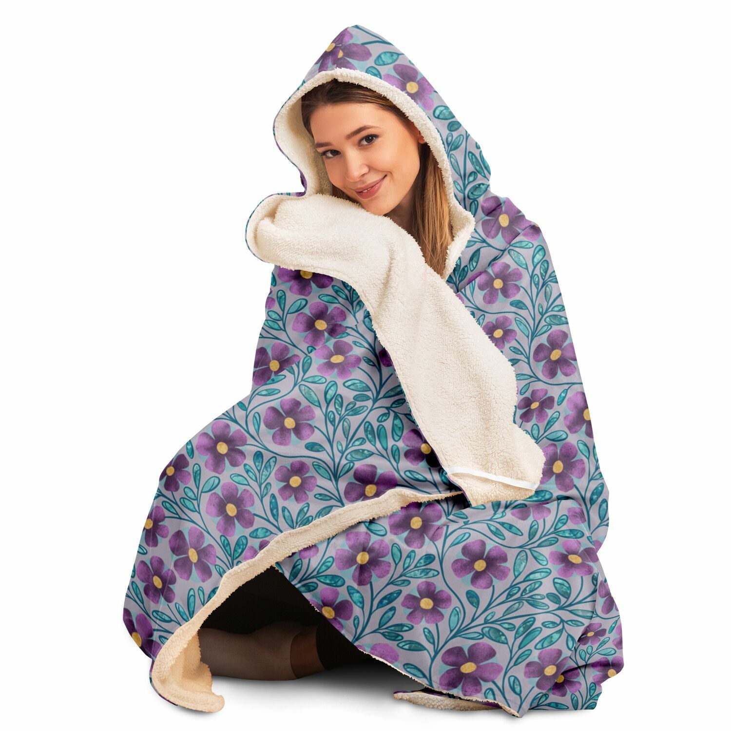 Violet Purple Floral Sherpa Lined Hooded Blanket