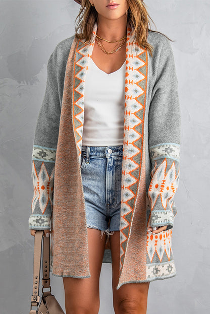 Aztec Print Knitted Long Cardigan