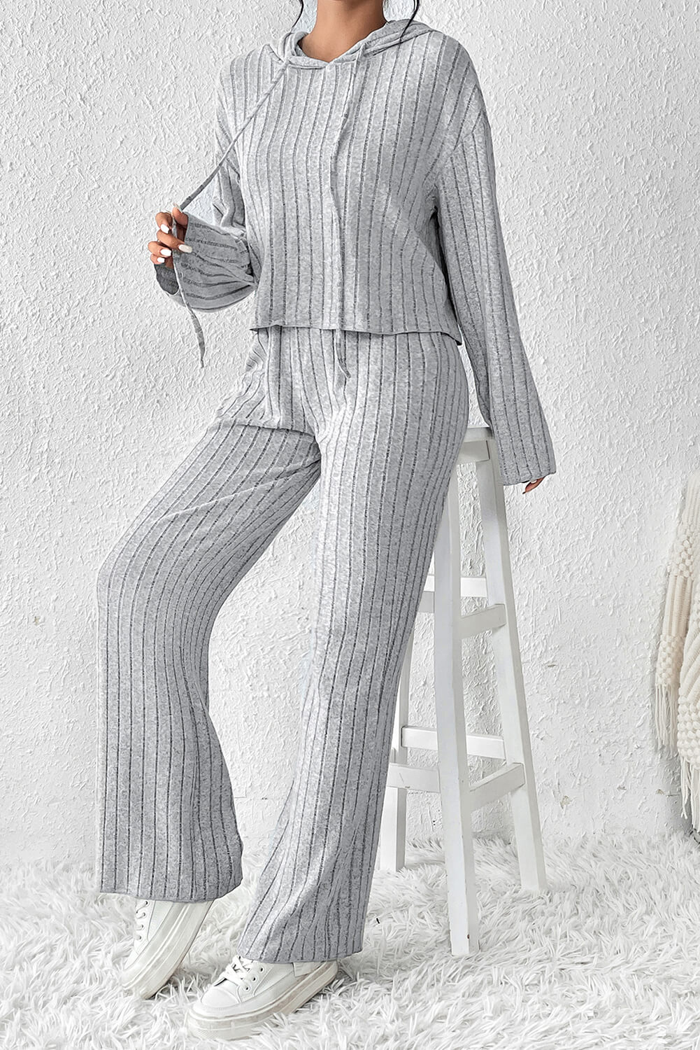 Gray Ribbed Knit Hoodie Pants Set