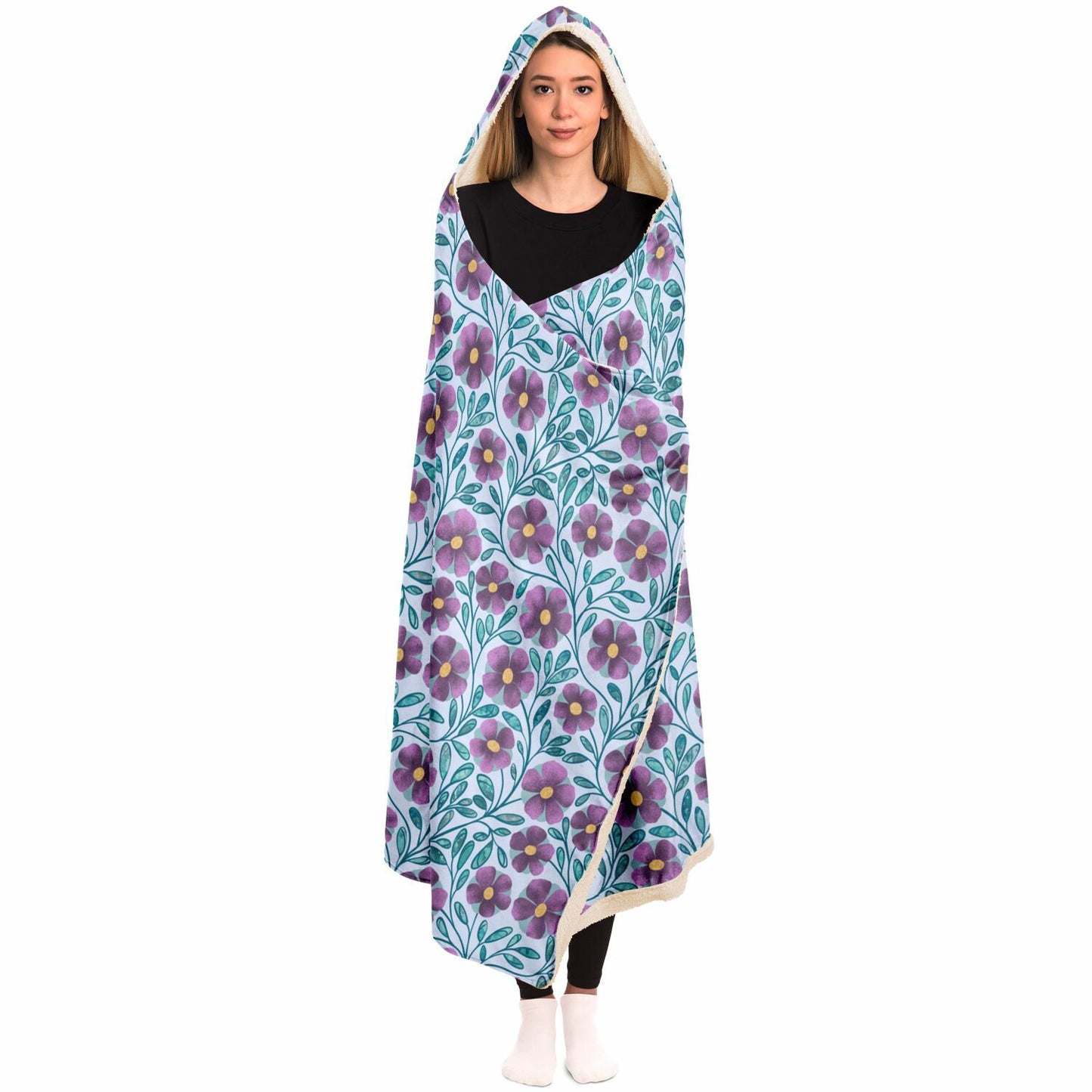 Violet Blue Floral Sherpa Lined Hooded Blanket