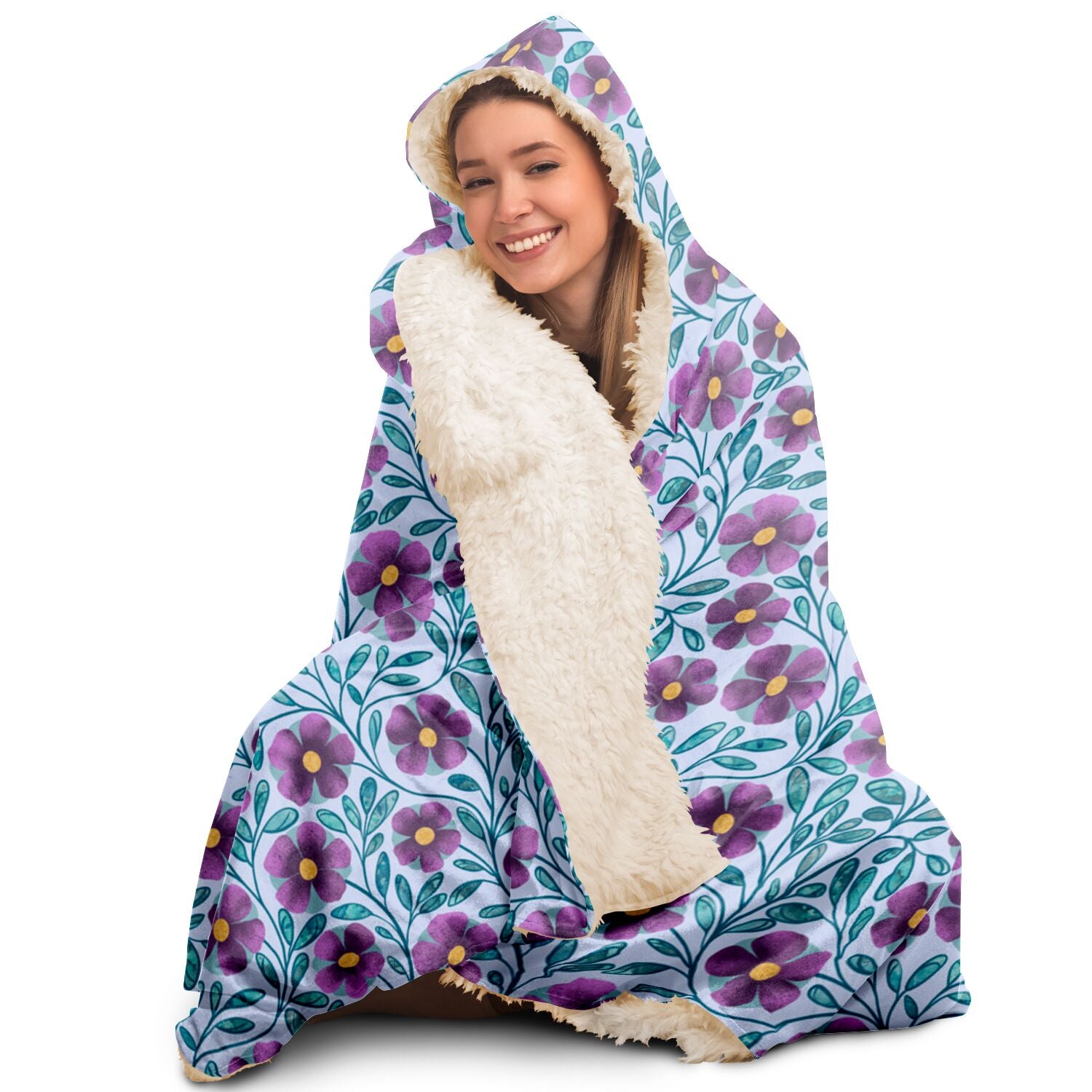 Violet Blue Floral Sherpa Lined Hooded Blanket