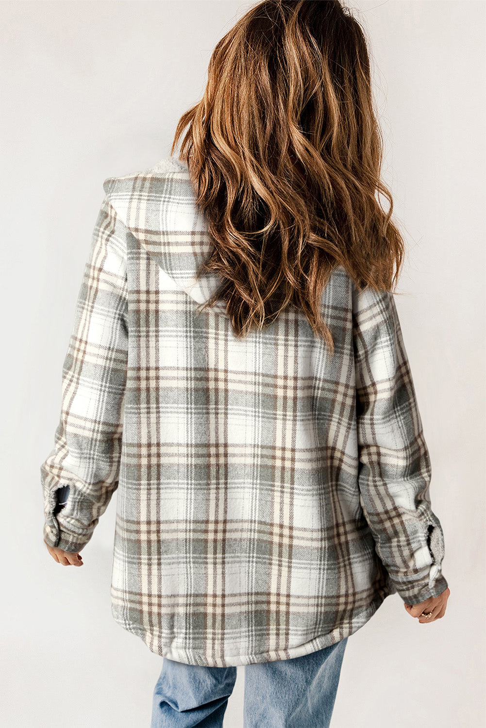 Gray Plaid Pattern Sherpa Lined Hooded Shacket