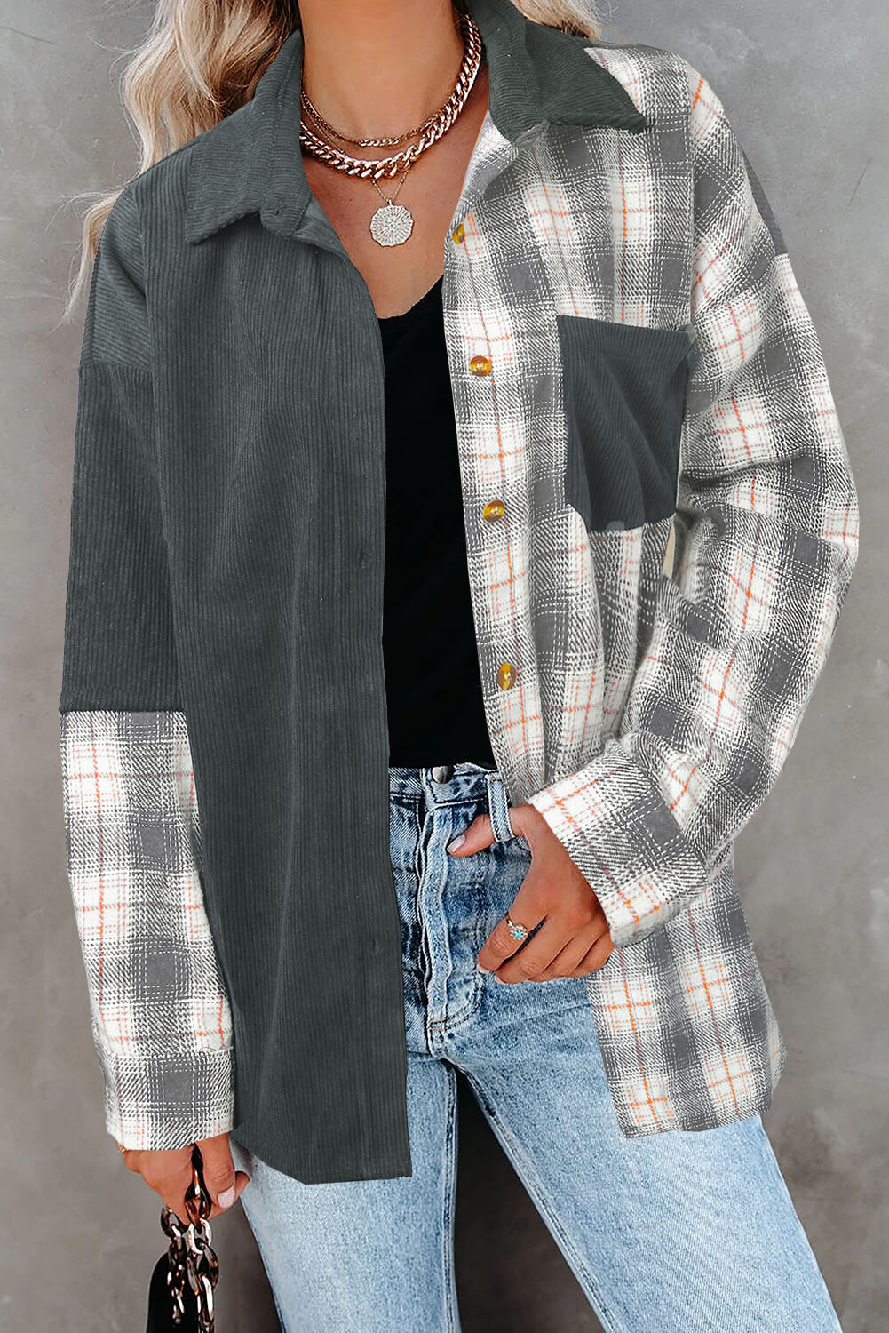 Gray Plaid Button-up Oversize Corduroy Shirt