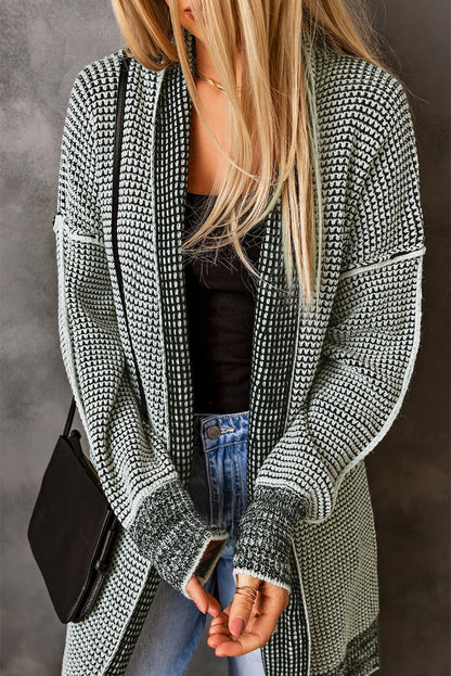 Gray Plaid Knitted Long Open Front Cardigan