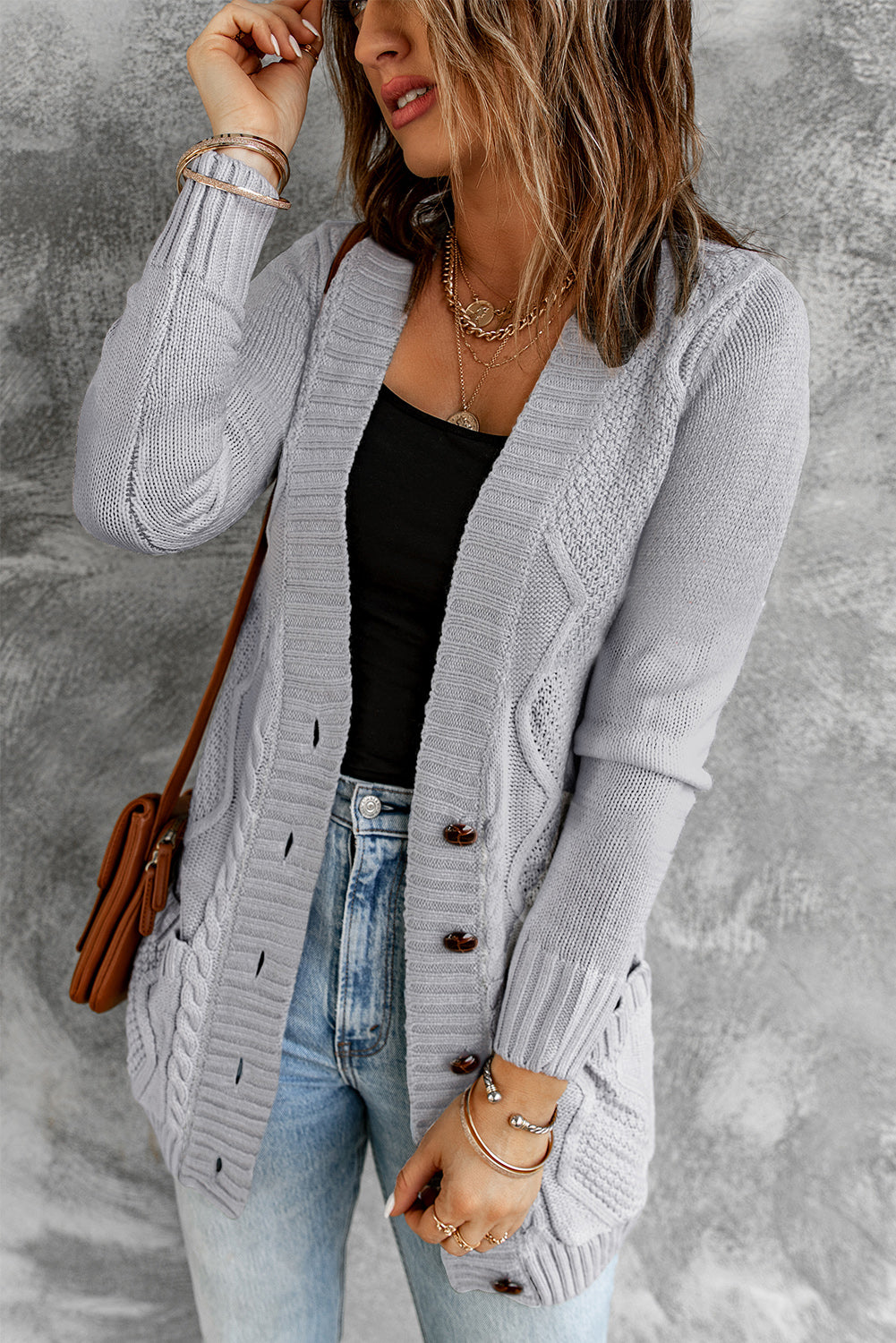 Front Pocket and Buttons Closure Cardigan, Gray