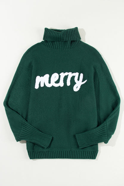 Blackish Green Merry Letter Embroidered High Neck Sweater