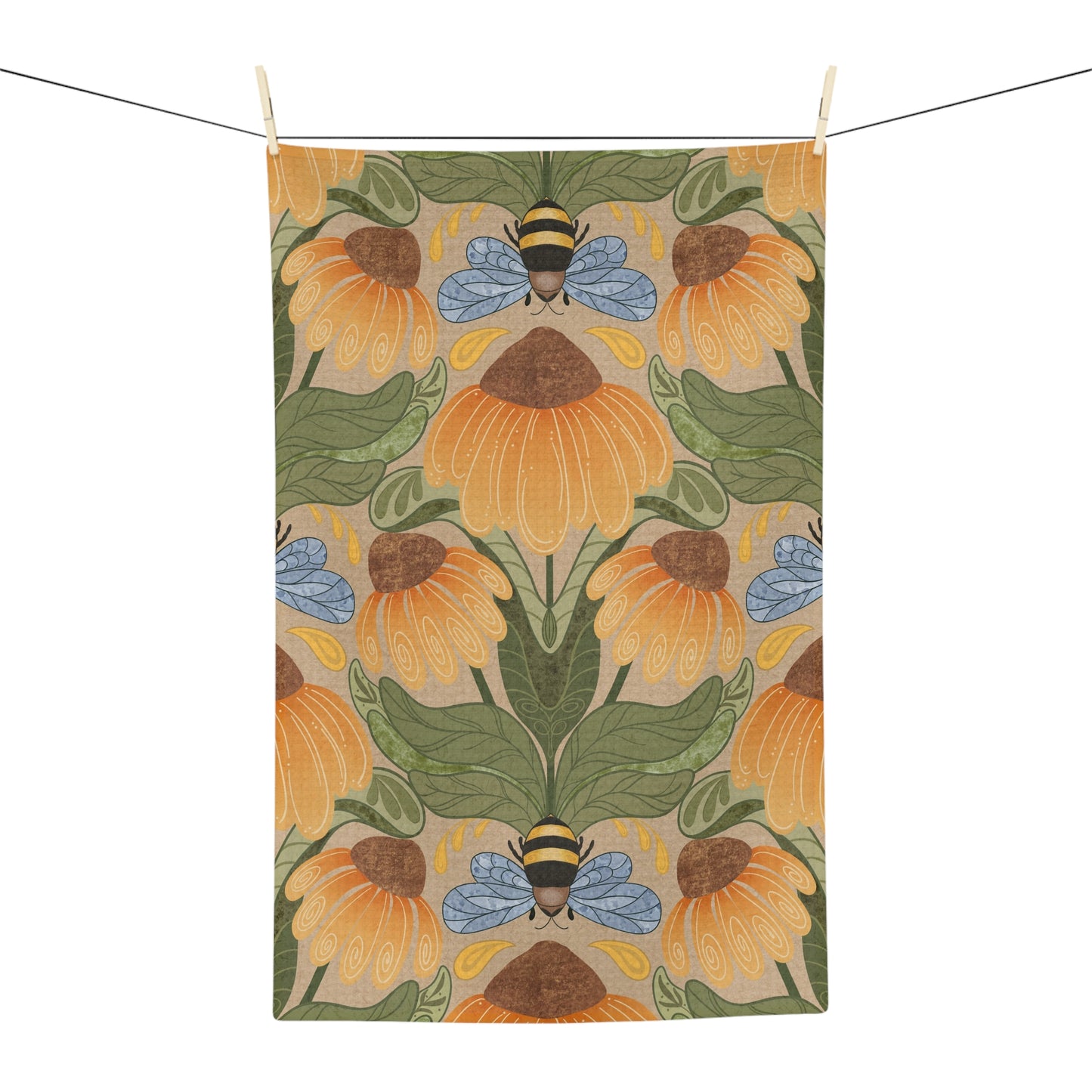 Bees and Coneflowers Tea Towel - Cream