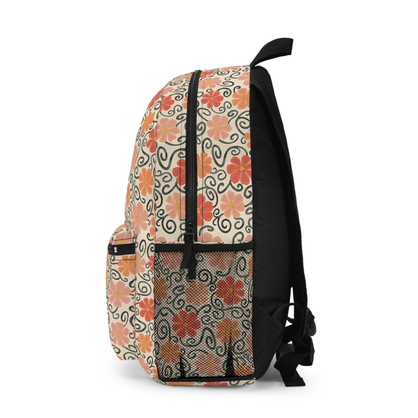 Sunshine Floral Orange/Coral Swirls Backpack Sideview