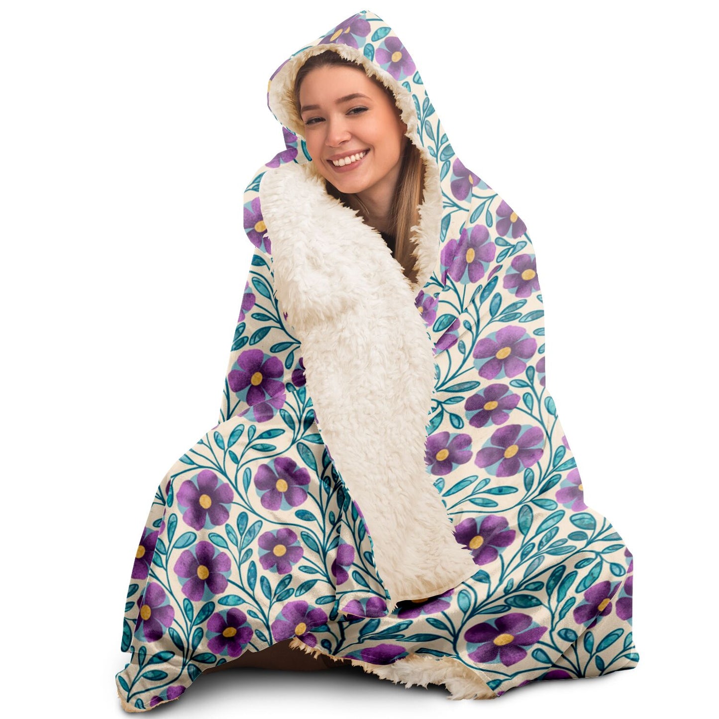 Violet Cream Floral Sherpa Lined Hooded Blanket