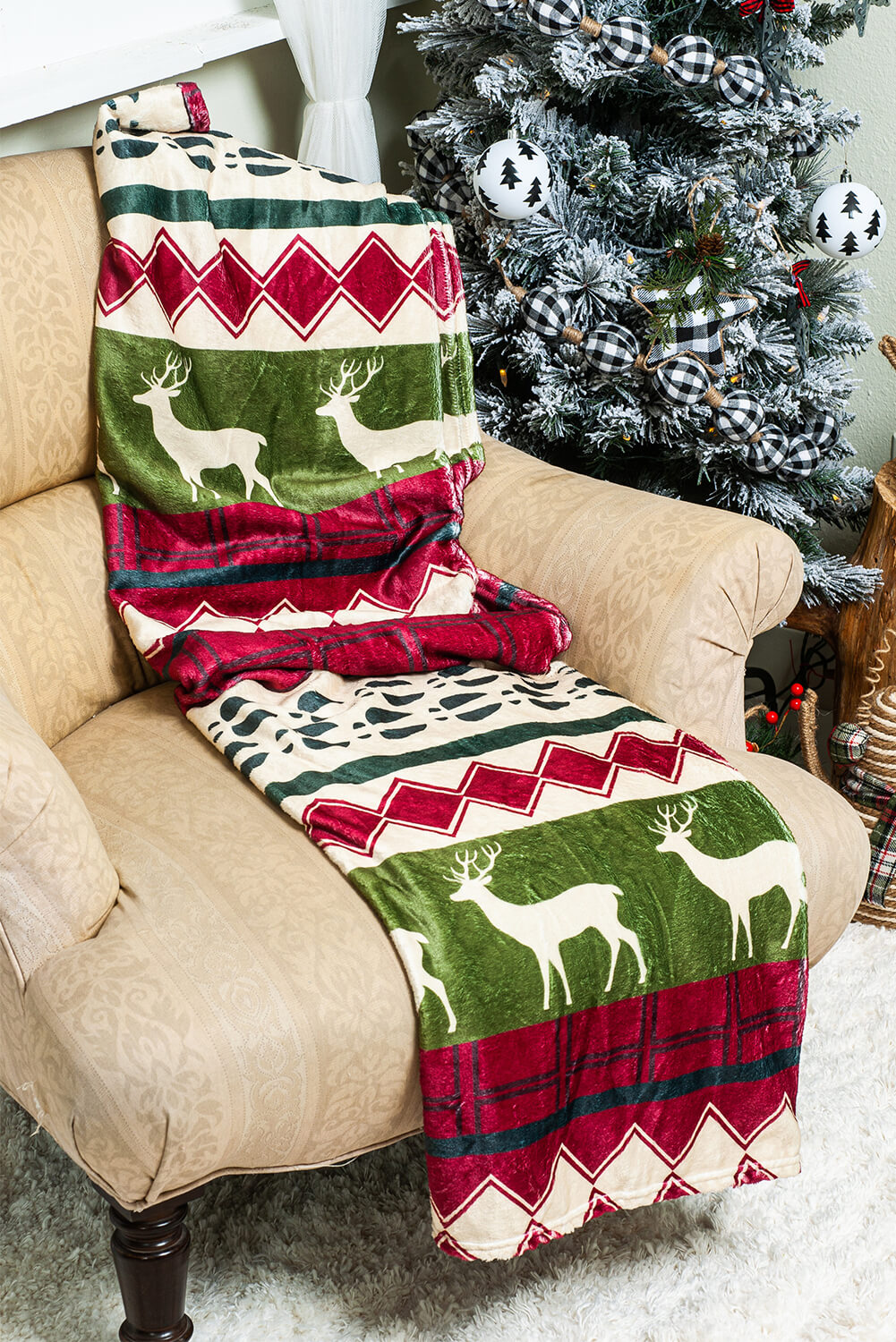 Christmas Elk Print Reversible Sherpa Fleece Blanket