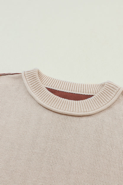 Coffee Colorblock Bishop Sleeve Ribbed Trim Sweater