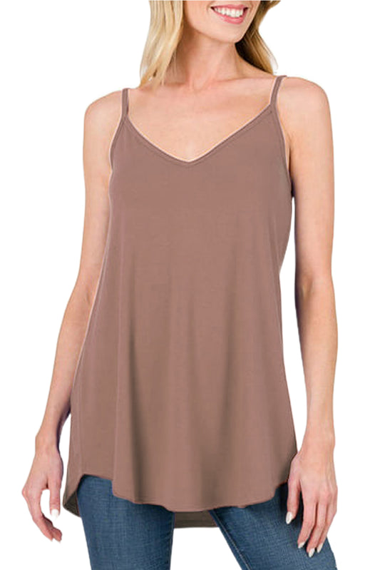 Spaghetti Strap V-Neck Flowy Tunic Tank Top, Clay