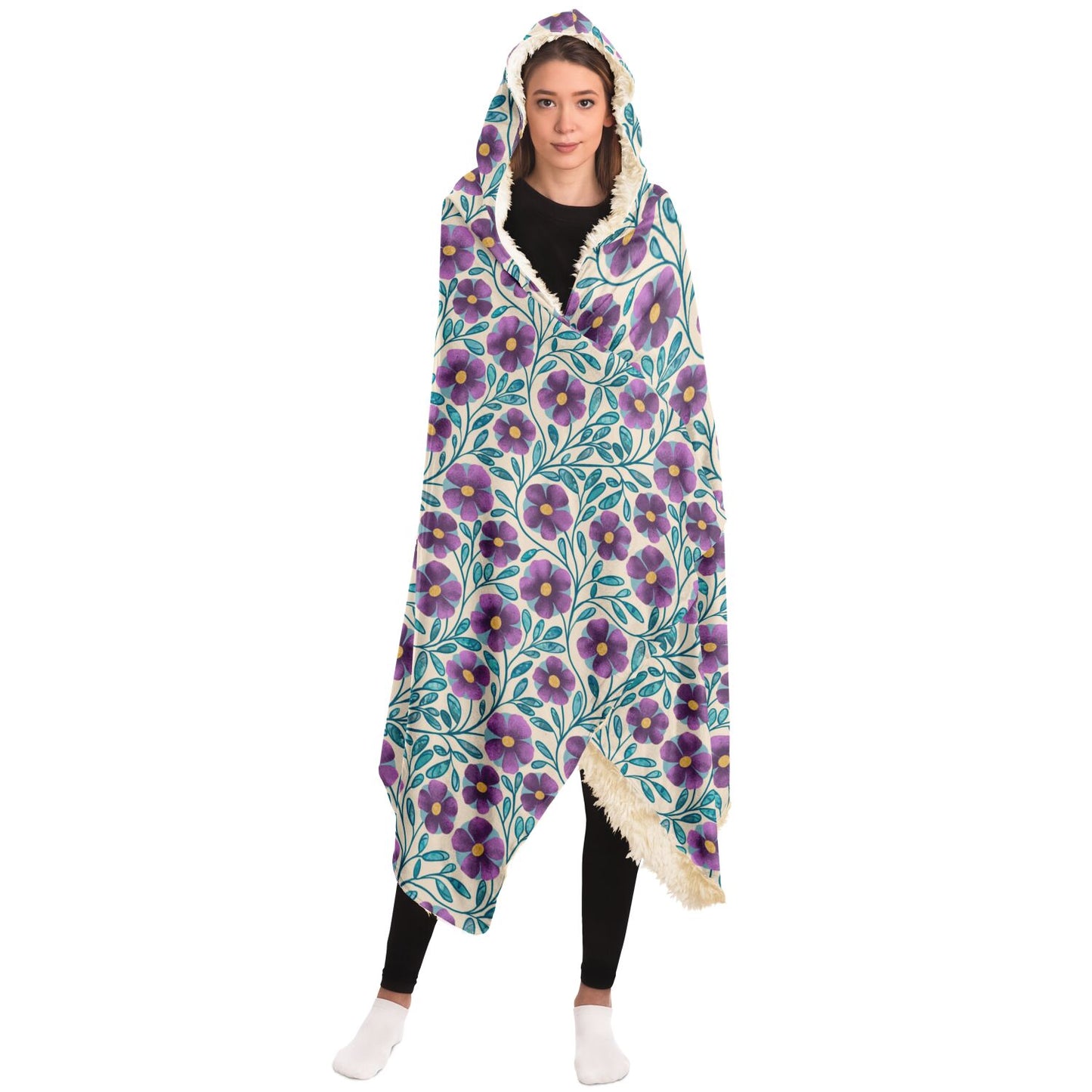 Violet Cream Floral Sherpa Lined Hooded Blanket