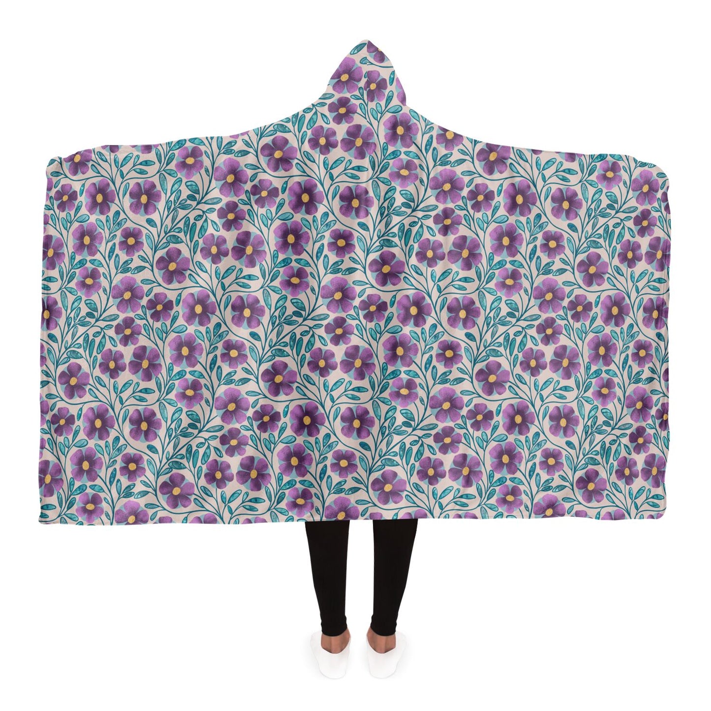 Violet Pink Floral Sherpa Lined Hooded Blanket