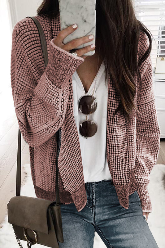 Plaid Contrast Trim Open Front Cardigan, Peach