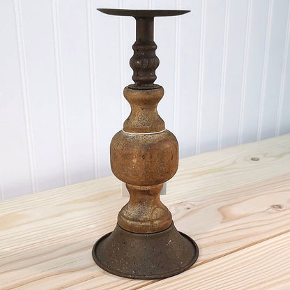 Aged Metal & Wood Spindle Candlestick