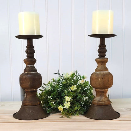 Aged Metal & Wood Spindle Candlestick