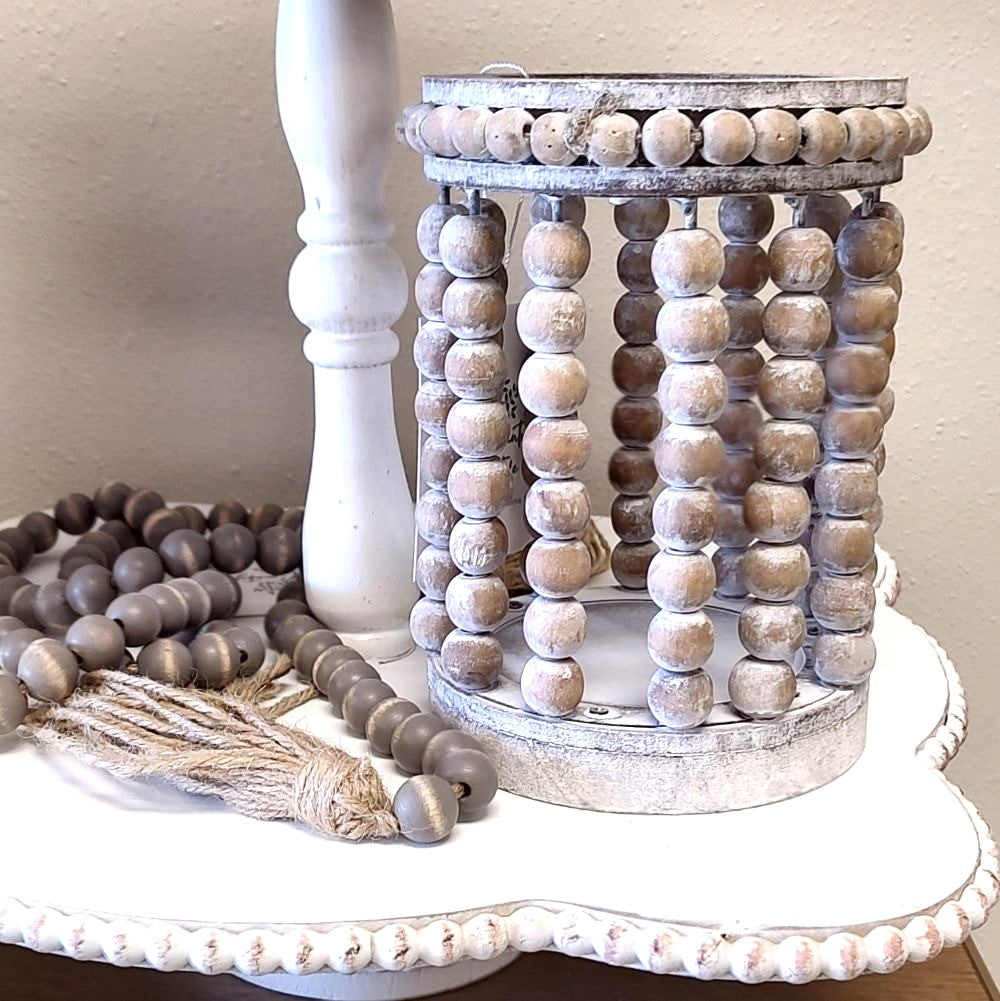 Beaded Natural Whitewashed Lantern