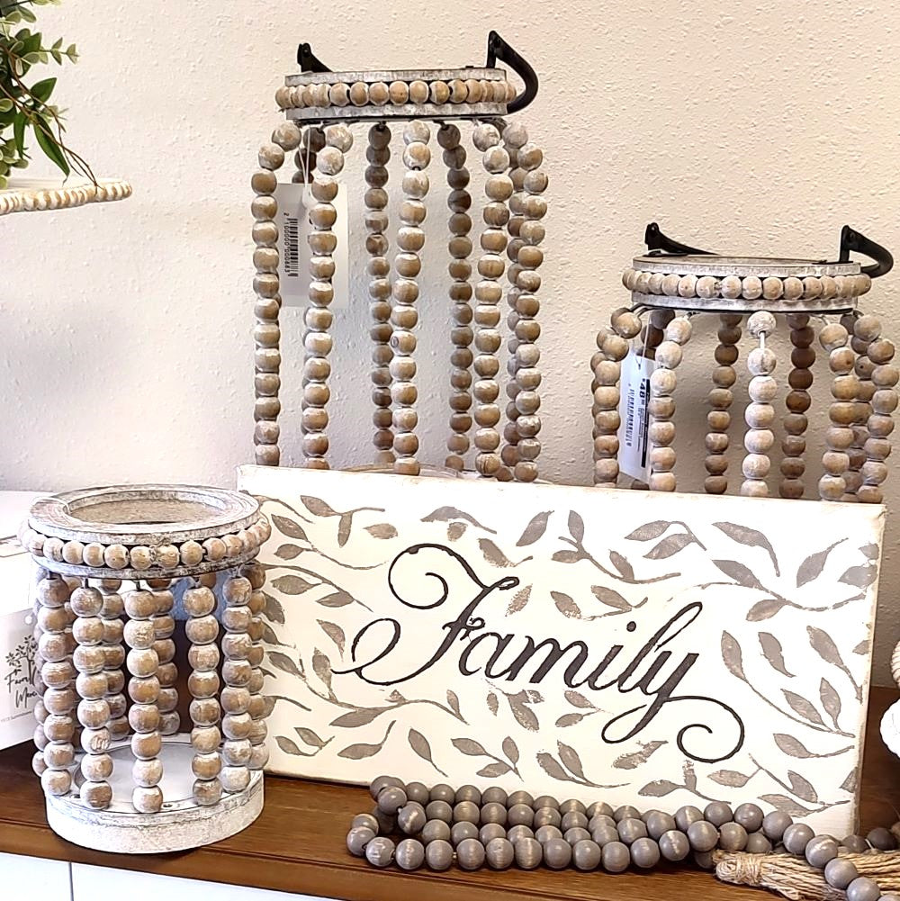 Beaded Natural Whitewashed Handle Lantern