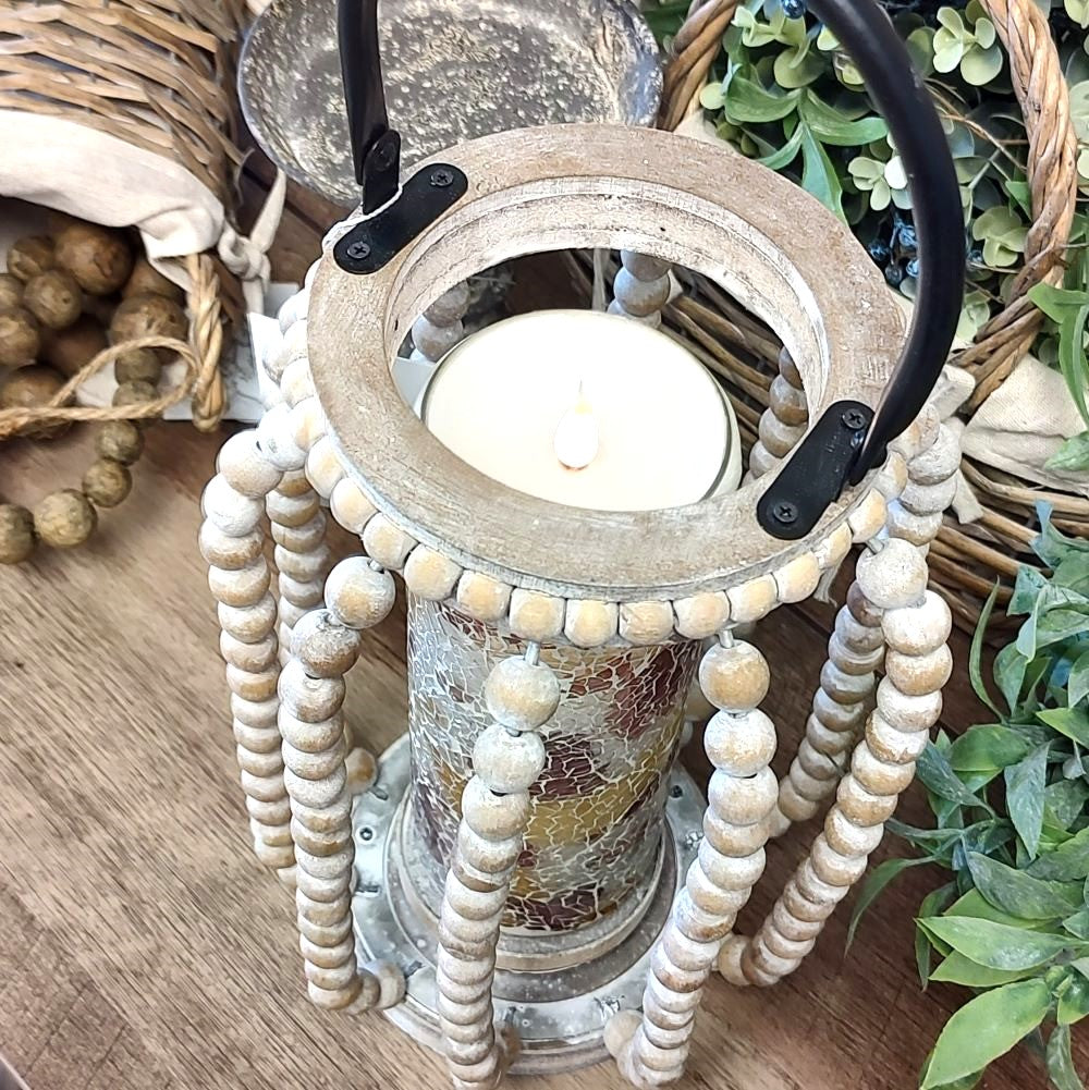 Beaded Natural Whitewashed Handle Lantern