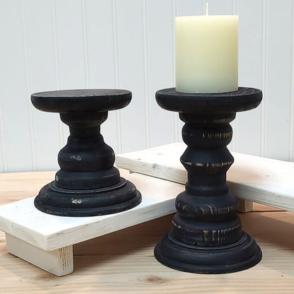 Distressed Black Wood Candle Holder, SM