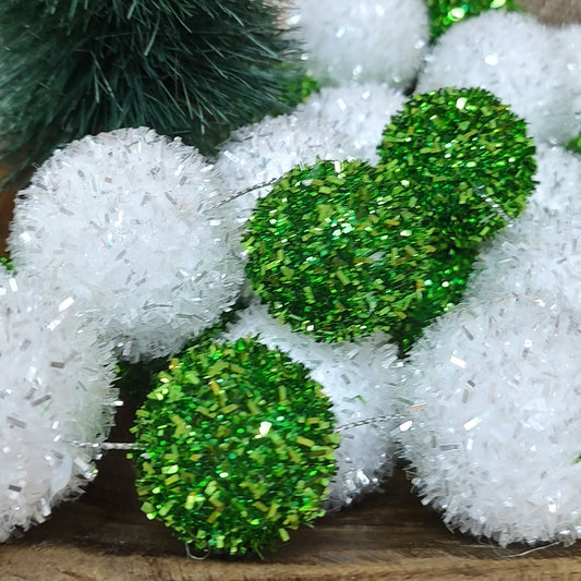 Green and White Sparkle Snowball Garland