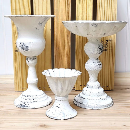 Scalloped Chippy White Metal Pedestal Bowl