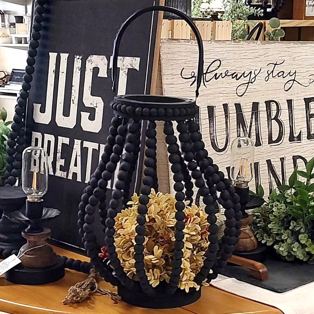 Black Beaded Wood Teardrop Lantern