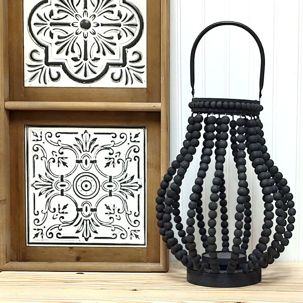 Black Beaded Wood Teardrop Lantern