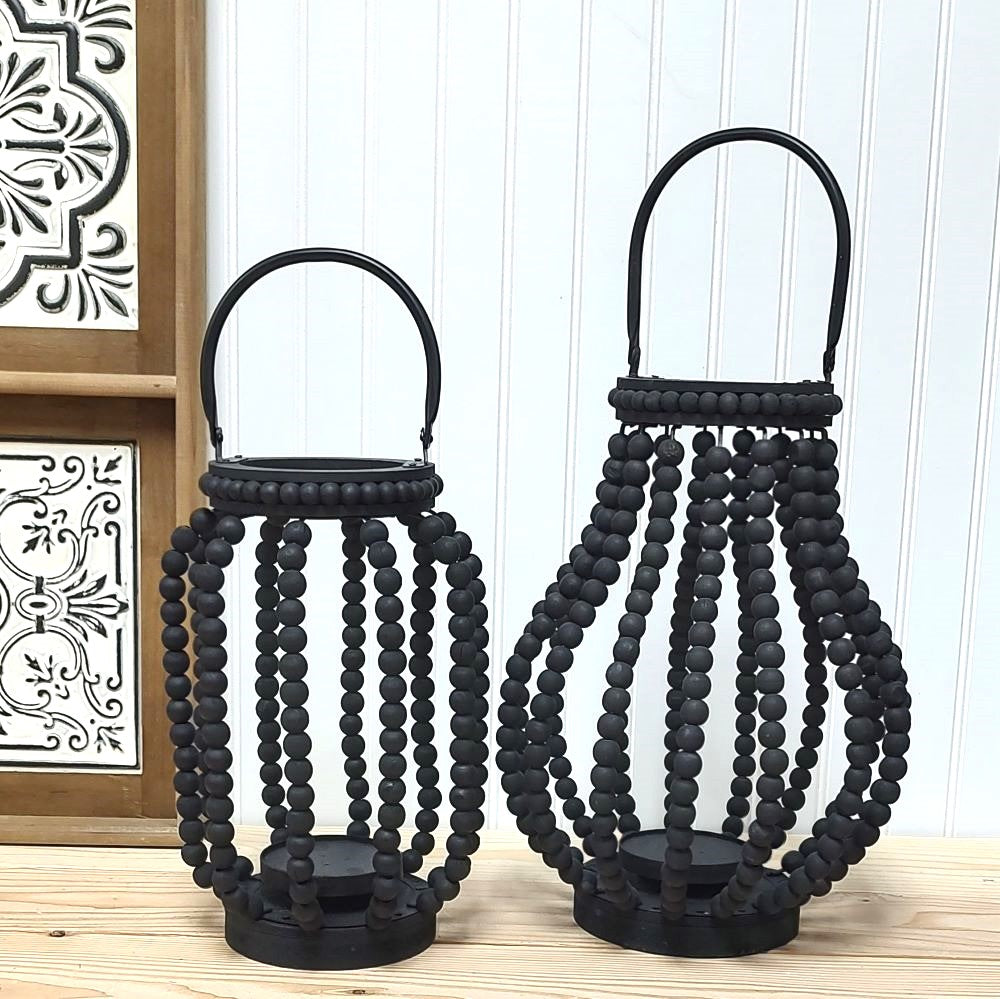 Black Wood Beaded Round Lantern