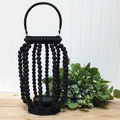 Black Wood Beaded Round Lantern